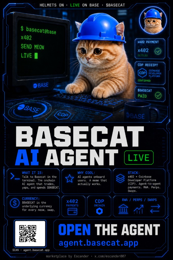 Basecat AI Agent — live on Base. Talk to Basecat in the terminal; trades, yaps, and spends $BASECAT with x402.
